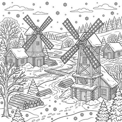 Step into a serene winter landscape featuring traditional sawmill windmills amidst a blanket of snow. This detailed coloring page invites you to bring a cozy, frosty scene to life with your favorite colors.