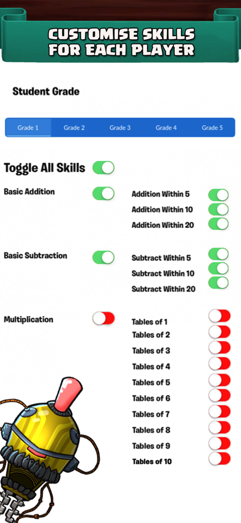 Math Duel: 2 Player Kids Games - A screenshot of the Math Duel app showing options to customize math skills and difficulty levels for different student grades.