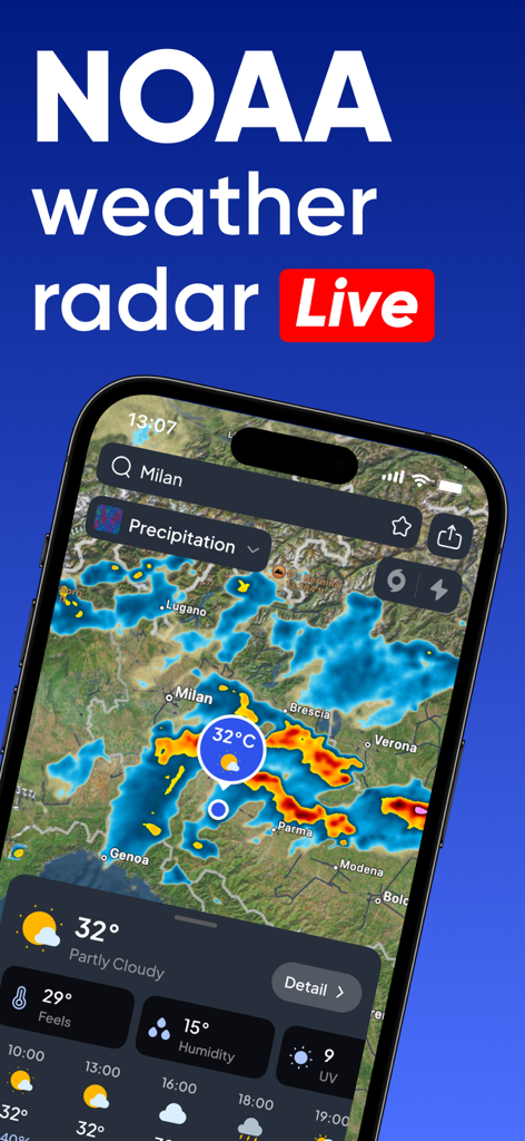 NOAA: Weather Radar & Forecast - Interfaz de la aplicación NOAA Weather Radar mostrando un mapa de precipitación en vivo y pronóstico de temperatura local