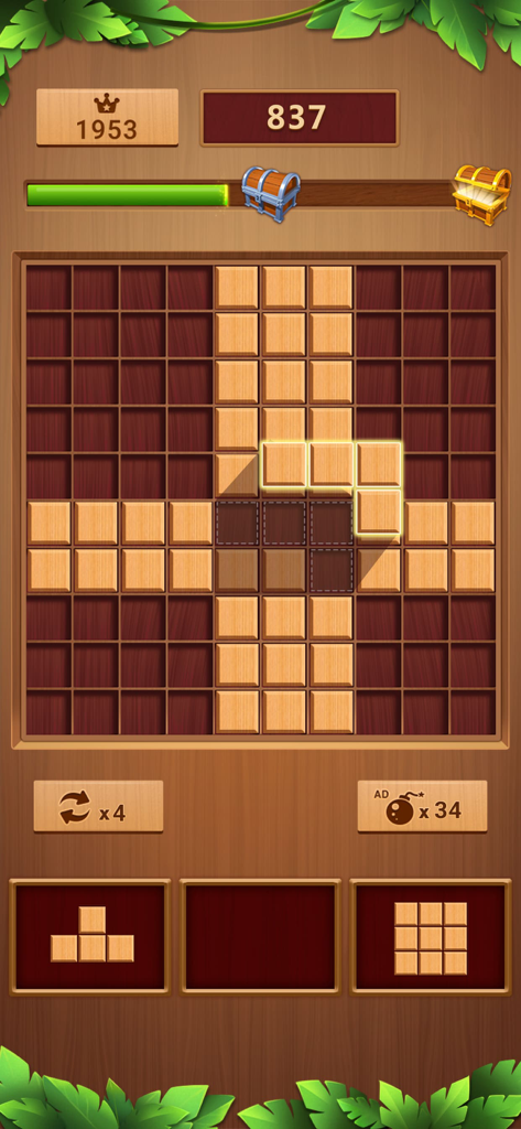 Block Puzzle - Wood Games - Gameplay of a wooden block puzzle game showing a 10x10 grid and score