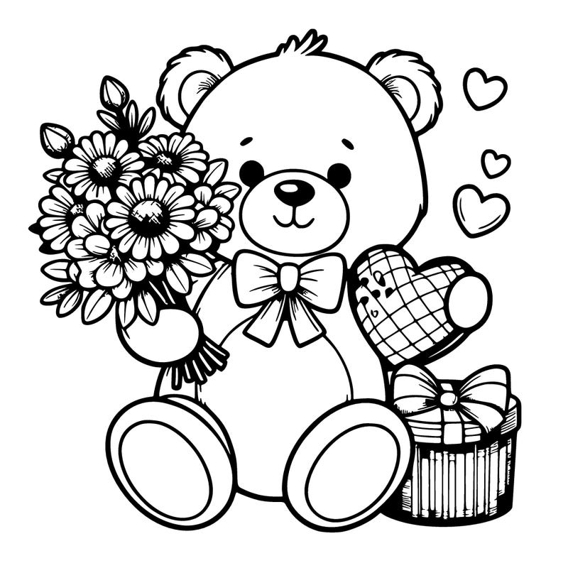 teddy bear holding valentine, flowers, and chocolates