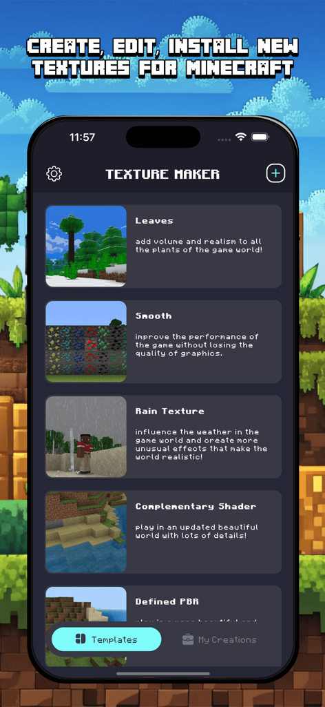 Texture Maker for Minecraft - Minecraft texture pack templates list in the Texture Maker app