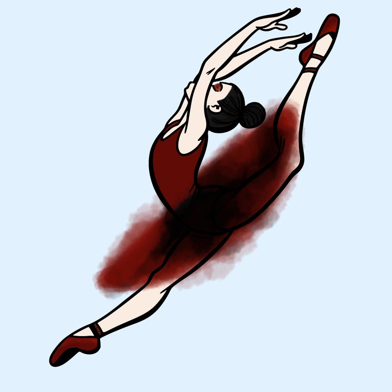 gymnast doing a leap in a leotard with a bent back leg