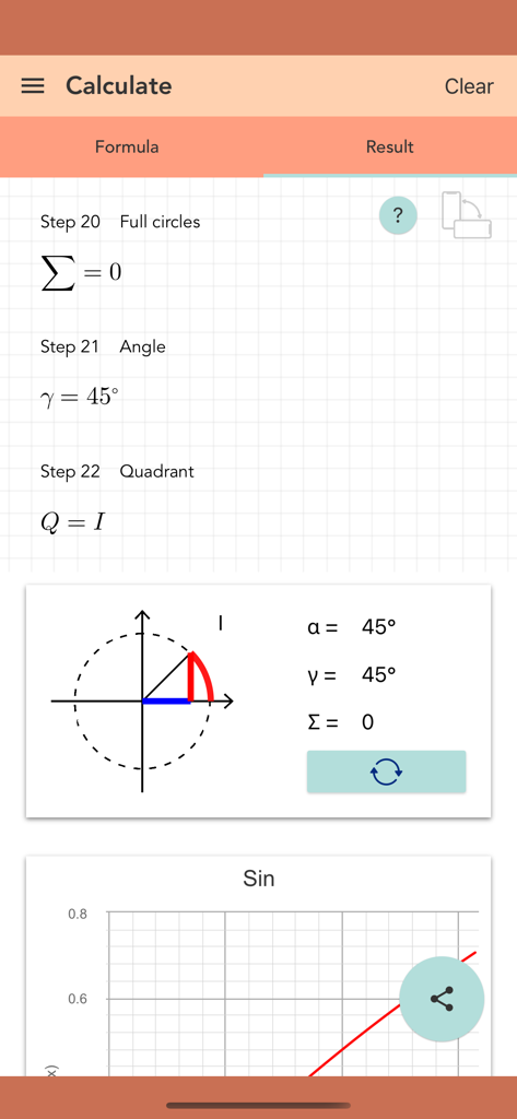 Unit Circle Calculator PRO - Detailed trigonometry calculation steps showing angle quadrant and unit circle diagram for forty five degrees