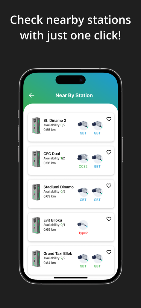 Lista de estaciones de carga para vehículos eléctricos cercanas con disponibilidad y tipos de conector en la aplicación iCharge.