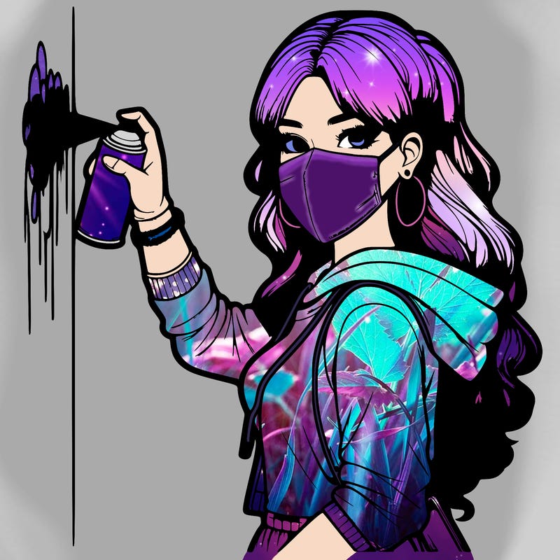realistic girl with mask spray painting a wall