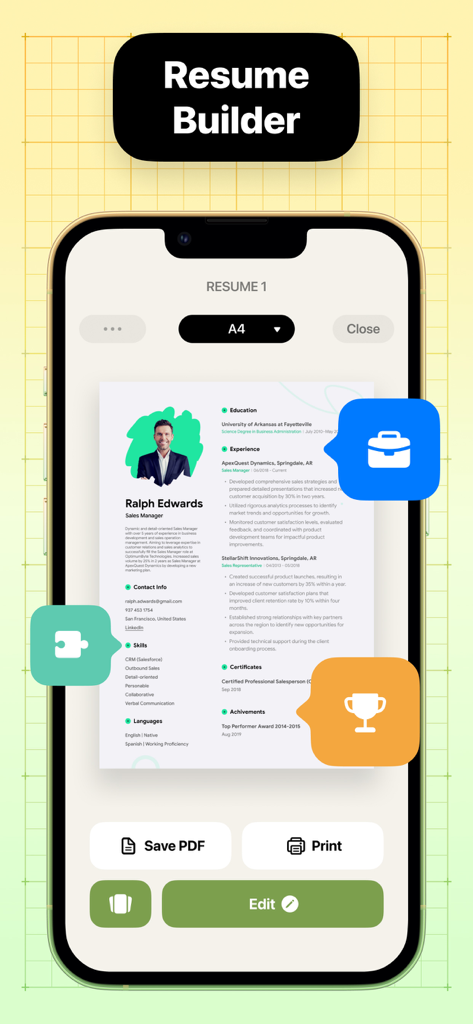 Resume Maker: CV Maker - Pantalla de smartphone mostrando una plantilla de currículum profesional con botones de edición y guardado en PDF.