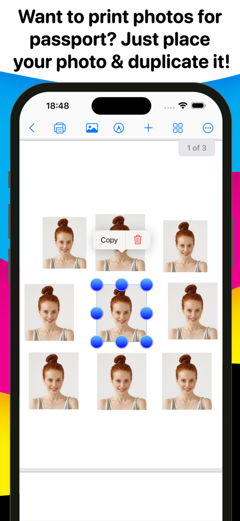 Photo Print - Collage & Resize - Captura de tela mostrando a interface de um aplicativo de smartphone com várias fotos em tamanho de passaporte organizadas para fácil duplicação e impressão.