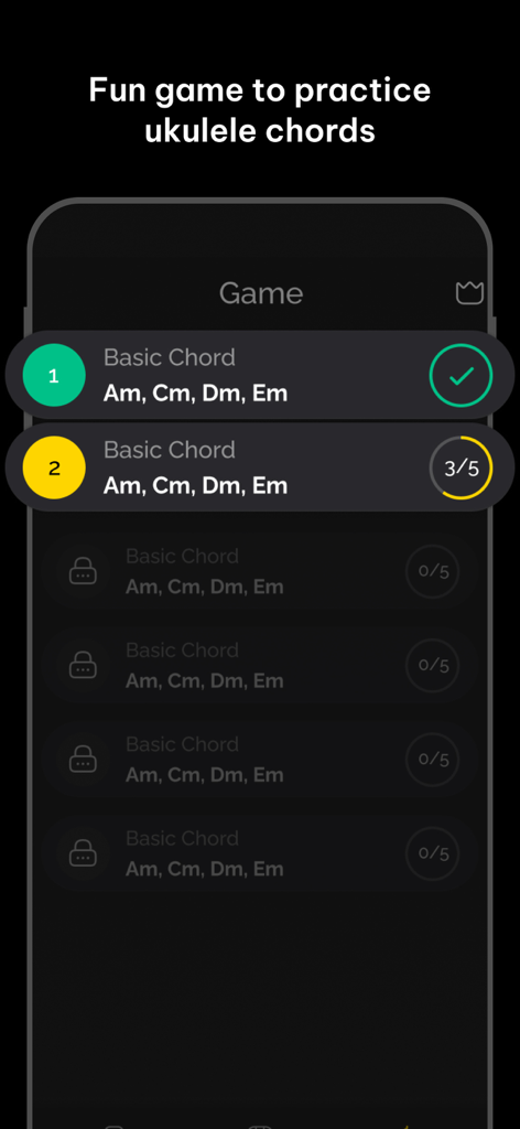 Una pantalla de app móvil gamificada para practicar acordes básicos de ukelele con progresión de niveles y estado de finalización