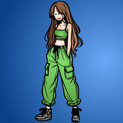 girl in baggy pants crop top and long hair