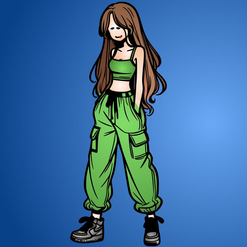 girl in baggy pants crop top and long hair