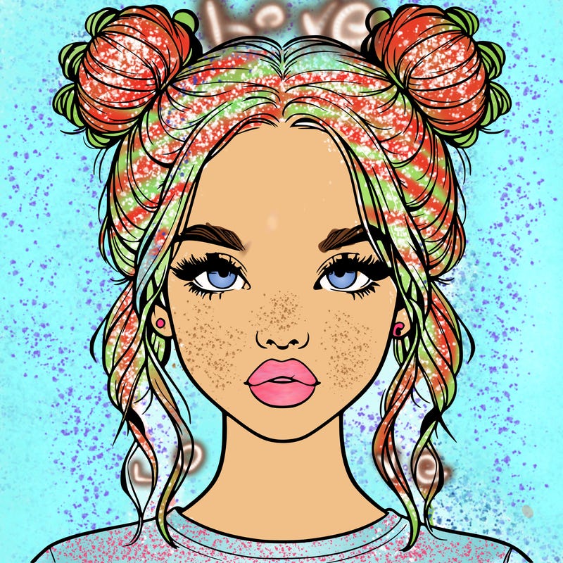 realistic girl with two buns in hair and lips
