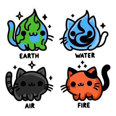 4 cats that represent the different elements, earth, water, air, and fire