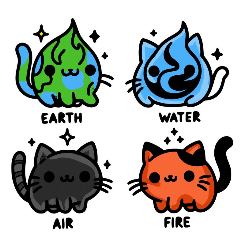 4 cats that represent the different elements, earth, water, air, and fire