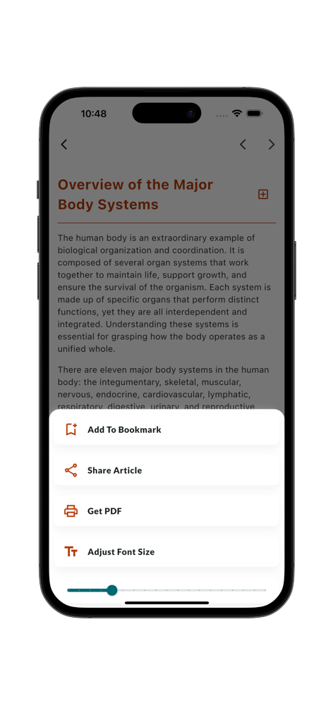 Learn Anatomy and Physiology - 解剖学と生理学アプリの画面。主要な身体システムの概要と、ブックマーク、共有、PDFダウンロードのメニューを表示。