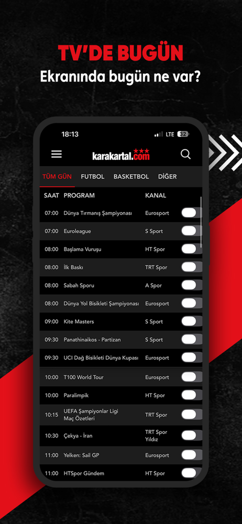 Mobile App-Oberfläche von Karakartal, die einen täglichen Sportfernsehplan mit Kanalnamen und Programmkamal zeigt