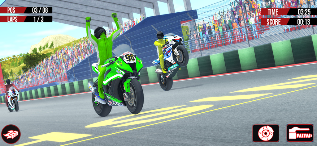Bike Racing Games: Bike Games - A green sports bike rider celebrating a win on a 3D racing track with spectators