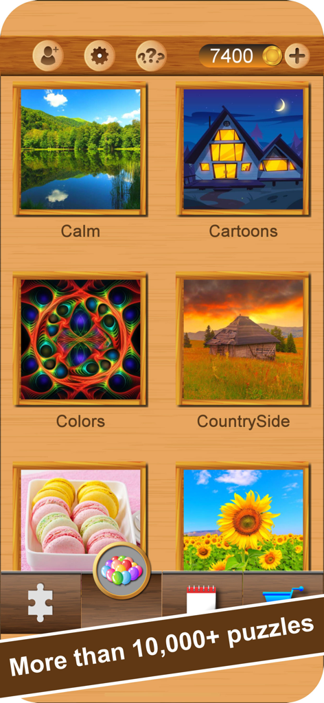 Amazing Jigsaw - Brain Puzzles - Main category selection screen in Amazing Jigsaw Brain Puzzles showing various puzzle themes like nature cartoons and colors.