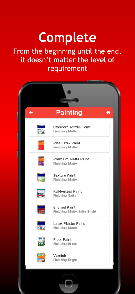 ConstruCalc - Captura de pantalla de la aplicación ConstruCalc que muestra una lista completa de tipos de pintura y barniz para proyectos de construcción