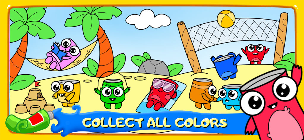 Colors for live coloring book - Personajes de dibujos animados coloridos jugando en una playa en la aplicación Colores para libro de colorear en vivo