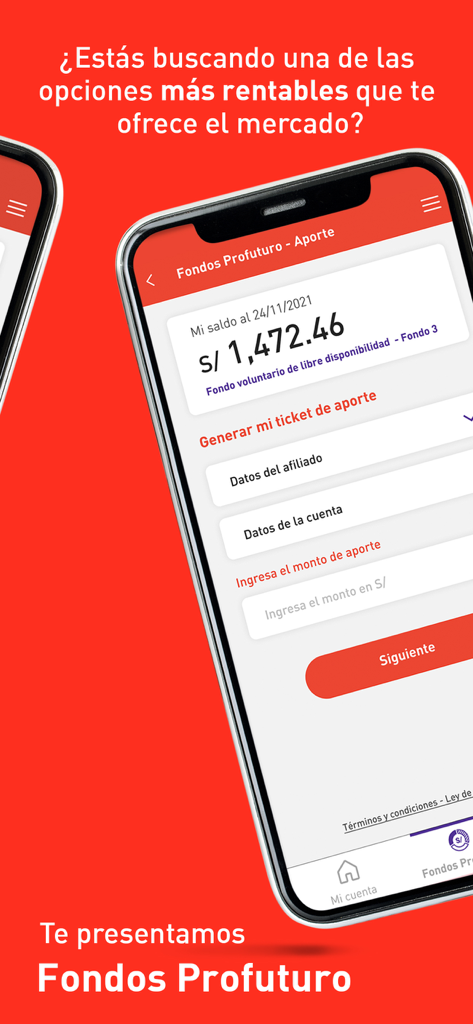 Profuturo AFP - Profuturo AFP app interface showing a pension fund balance and contribution options in Spanish.