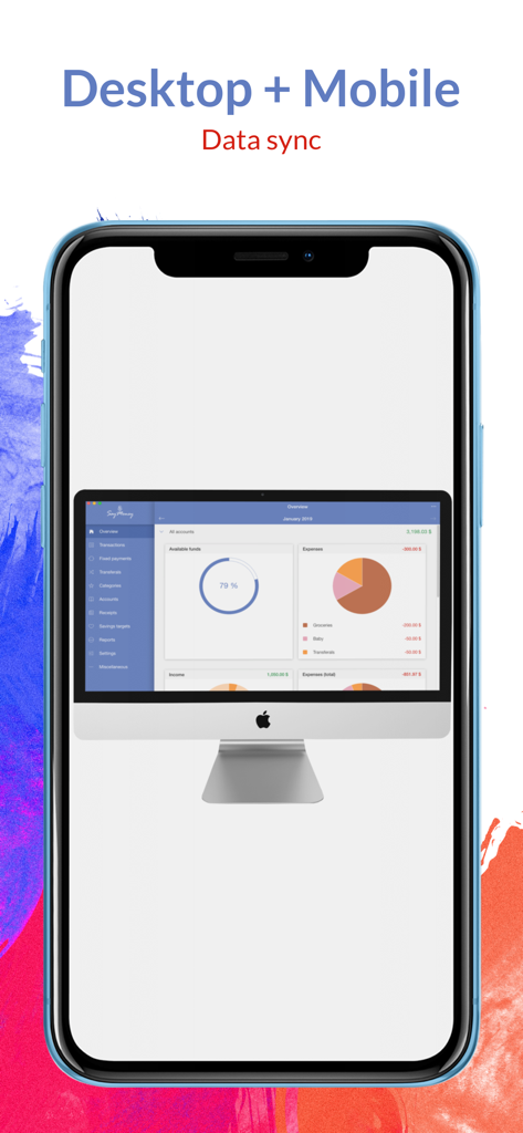 SayMoney - Budget & Expenses - SayMoney app interface showing desktop and mobile data synchronization across Mac and iPhone.