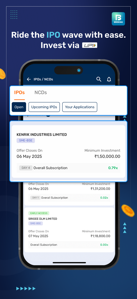 Bajaj Broking app screen for IPO investments via UPI