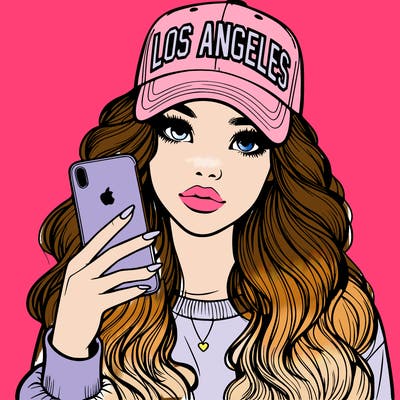 realistic beautiful girl wearing los ángeles cap holding an iphone
