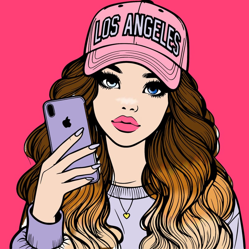 realistic beautiful girl wearing los ángeles cap holding an iphone