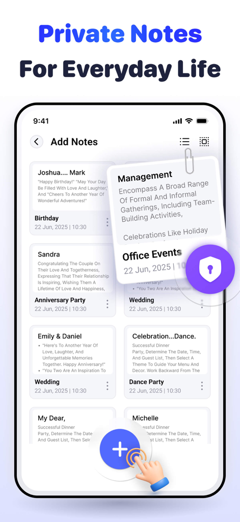 Calculator Lock - Hide Photos - Interfaz de la función de notas privadas dentro de la aplicación Calculator Lock que muestra varias entradas seguras categorizadas