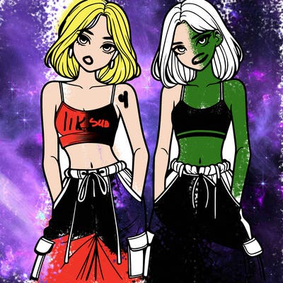 two girls with crop top with baggy pants