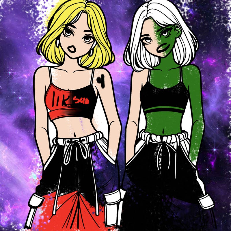 two girls with crop top with baggy pants