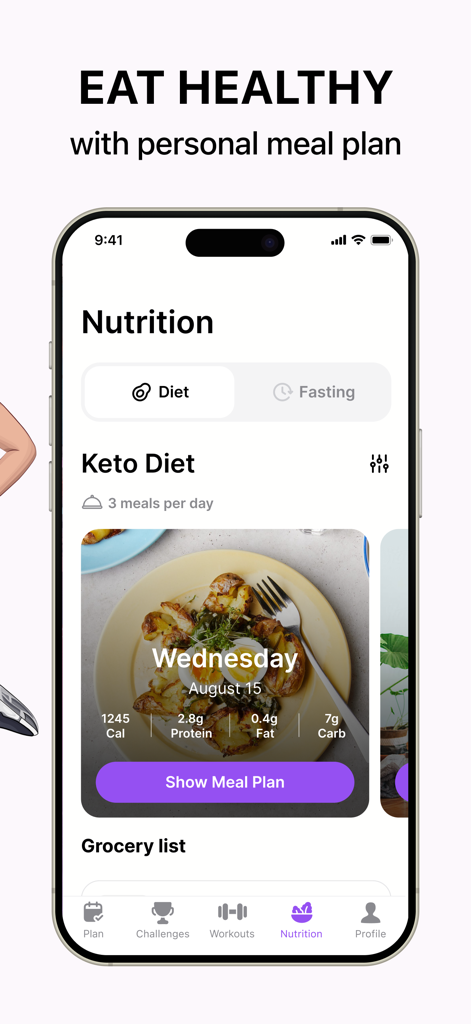 Organic Dance app nutrition screen showing a personalized keto meal plan with calorie and macronutrient tracking