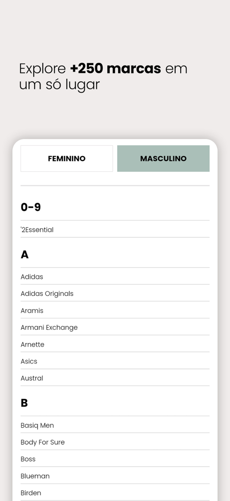 OQVestir - Uma captura de tela do aplicativo OQVestir mostrando uma lista alfabética de mais de 250 marcas de moda incluindo Adidas e Armani Exchange.