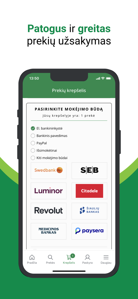 Checkout screen of the Zalia Stotele app showing multiple payment options including local banks and digital wallets like Revolut and PayPal