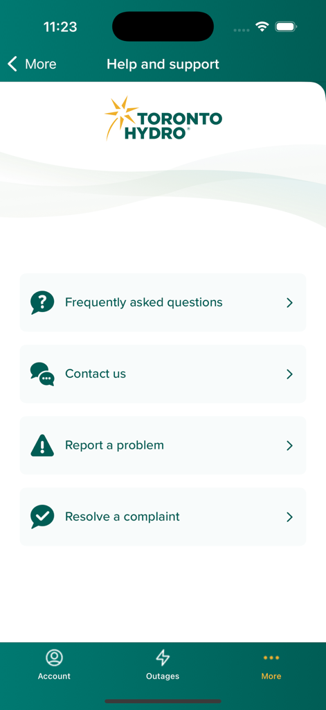 Menú de ayuda y soporte de la aplicación de Toronto Hydro que muestra opciones para preguntas frecuentes, contáctanos y reportar problemas