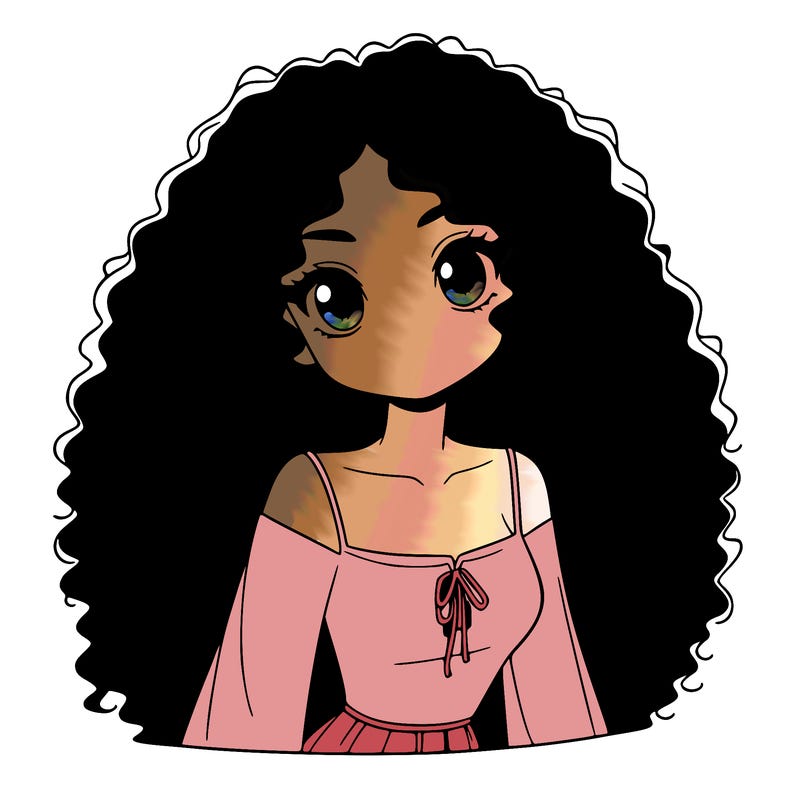 a black anime girl with long afro hair