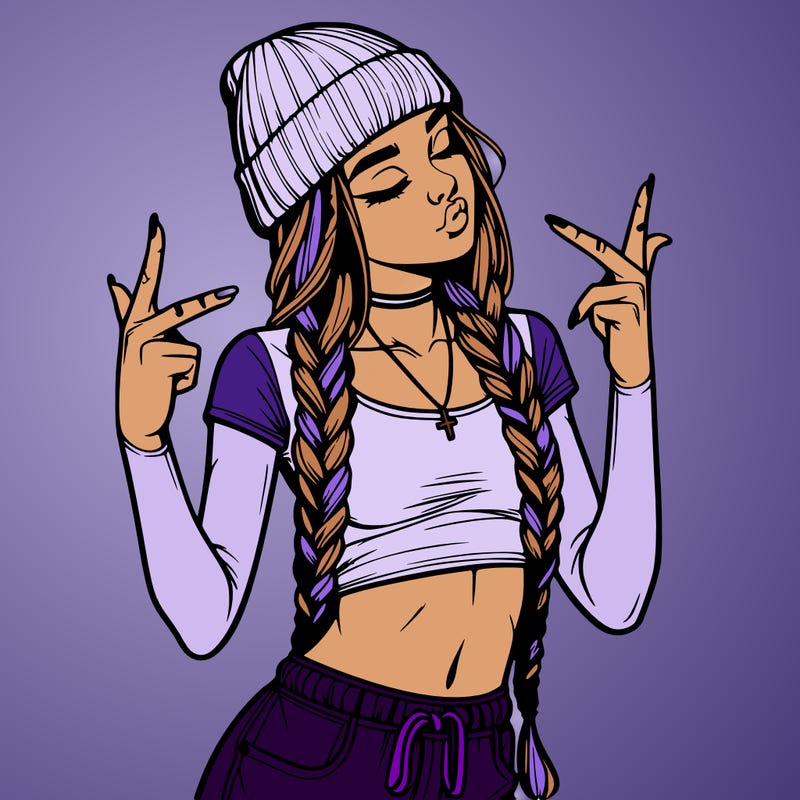 realistic teenage girl with braids and a beanie and crop top doing 🫶🏼