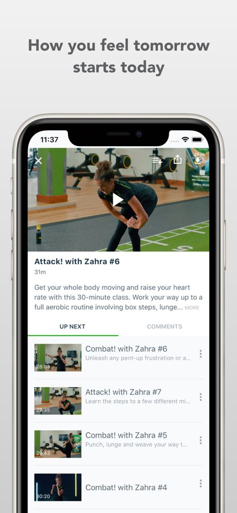 Nuffield Health 24/7 - A smartphone screen showing an expert-led fitness workout video in the Nuffield Health 24/7 app