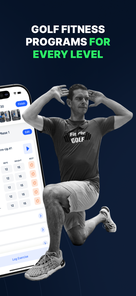Fit For Golf 2.0 - A man performing a golf mobility exercise next to a smartphone displaying a workout log within the Fit For Golf app.