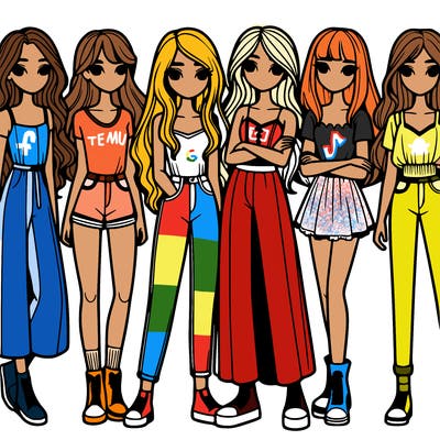 a group of 6 girls standing together one 4 with long hair one with a bob and one with hair that isn't too long they all have white hair