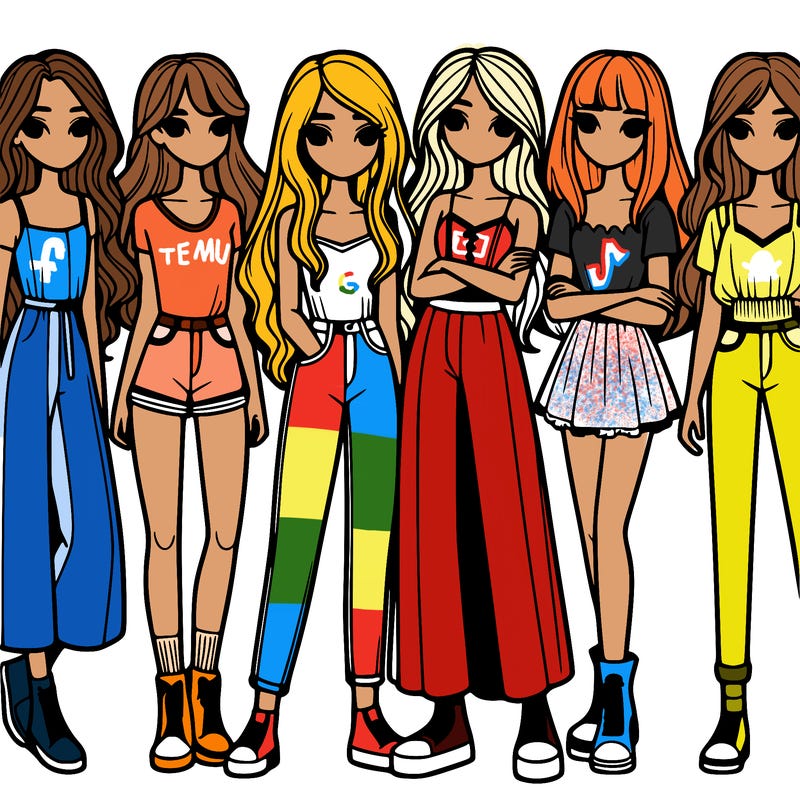 a group of 6 girls standing together one 4 with long hair one with a bob and one with hair that isn't too long they all have white hair