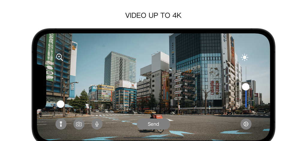 Smartphone interface of the NDI HX Camera app capturing high quality 4K video of a city street