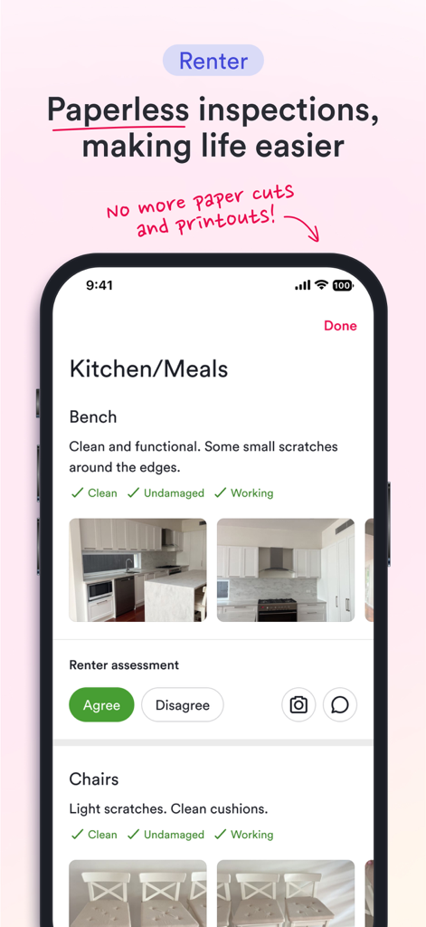 Ailo - Ailo mobile app showing a digital property inspection report for renters with photos and assessment buttons