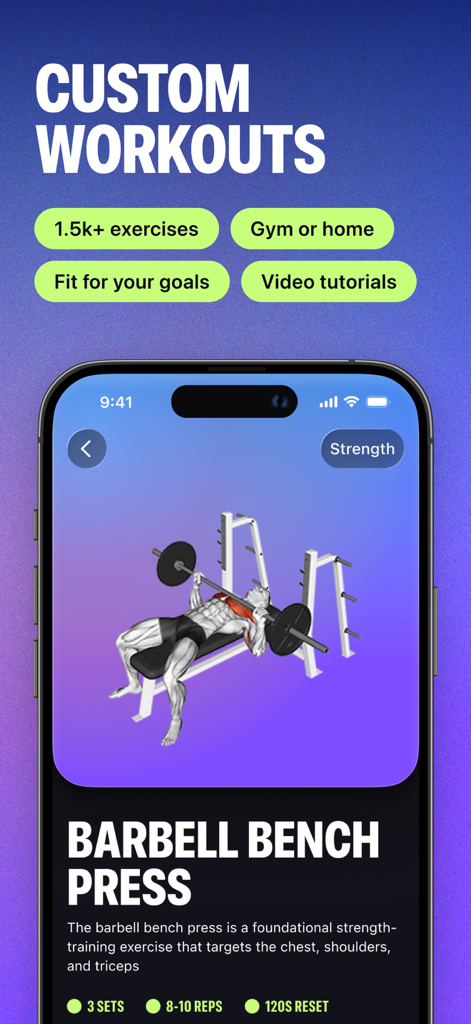 Mobile app screen showing a barbell bench press exercise detail with custom workout features and animated guide
