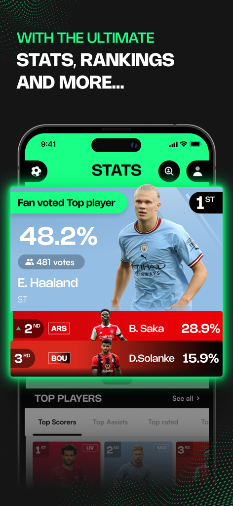 Mobile app screen showing fan-voted Premier League player stats and rankings