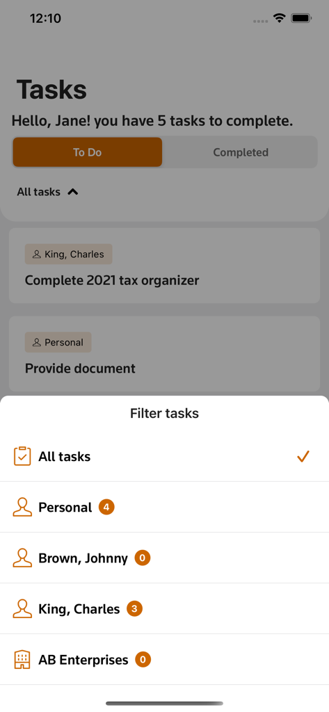 Onvio Client Center - Uno screenshot dell'app Onvio Client Center che mostra un elenco di attività con un menu di filtro aperto in basso.