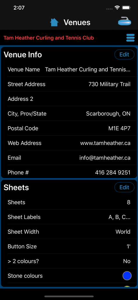 Curling venue information and sheet settings screen in Curl Coach 2