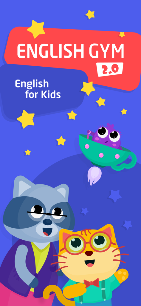 English for Kids: Play & Learn - English Gym 2.0 app home screen with raccoon and cat cartoon characters