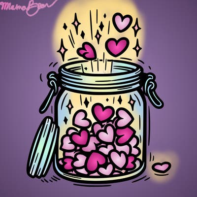 a jar filled with glowing hearts slowly opening and releasing them.